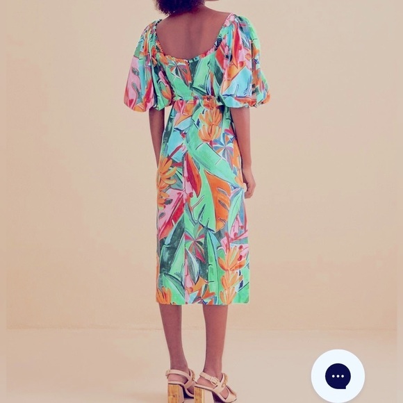 Farm Rio Banana Foliage Multicolor Puff Sleeve Dress L - Picture 3 of 5
